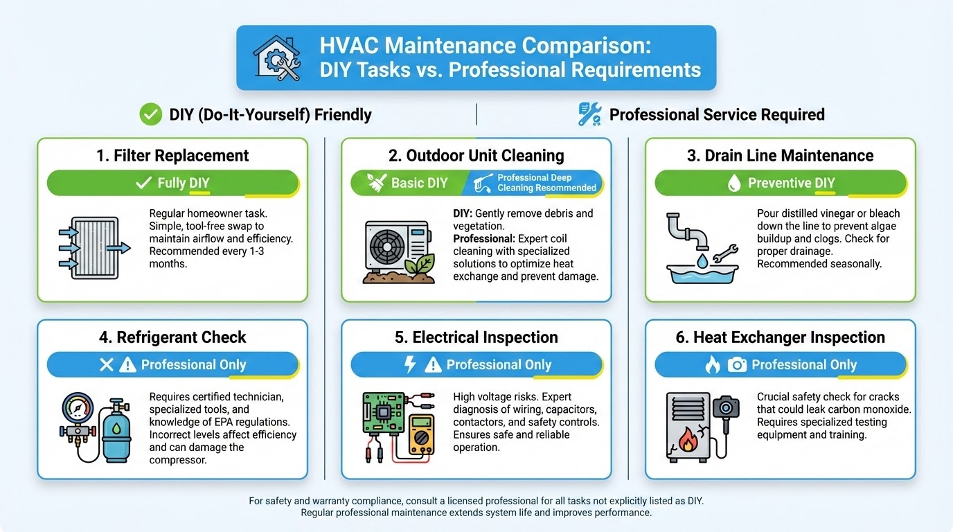 Comparison of DIY HVAC maintenance tasks versus professional service requirements