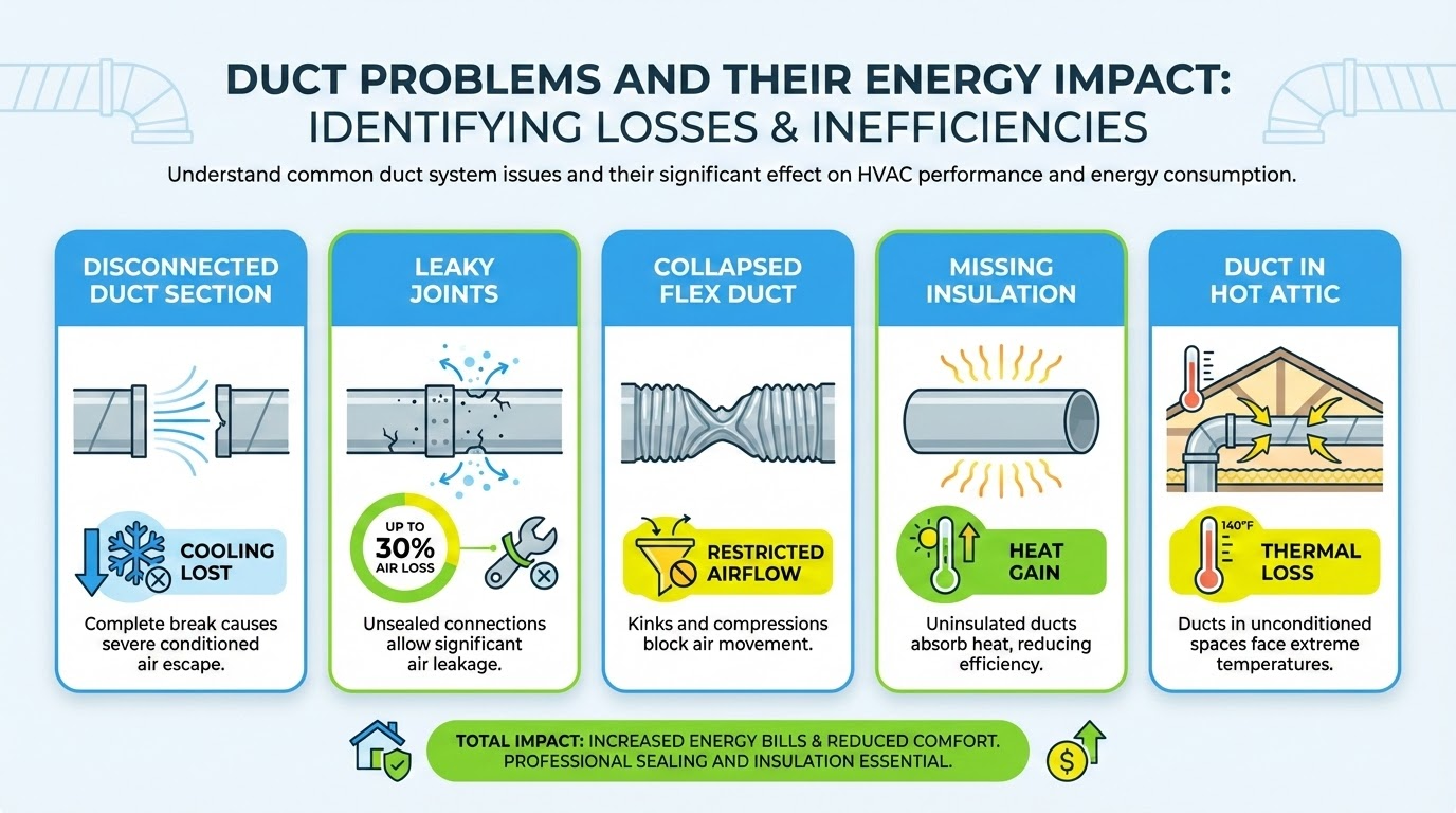 Diagram showing energy loss from leaky air ducts in Houston homes