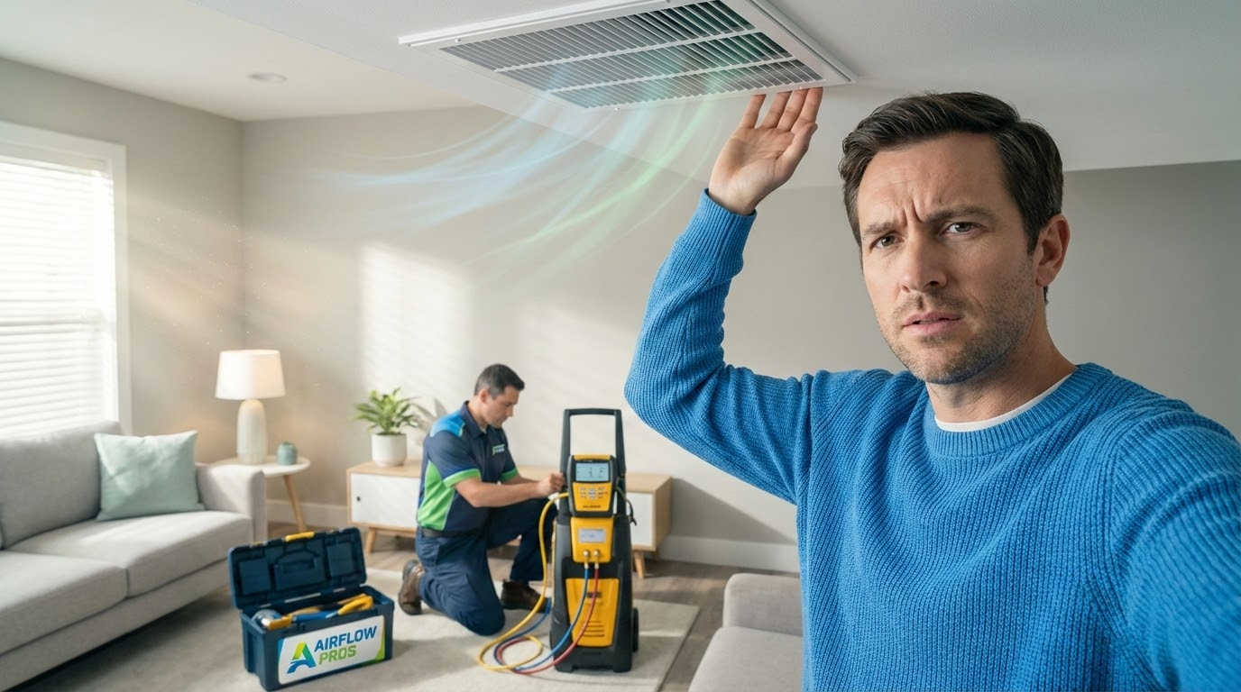 HVAC technician inspecting air vents for strange odors in Houston home