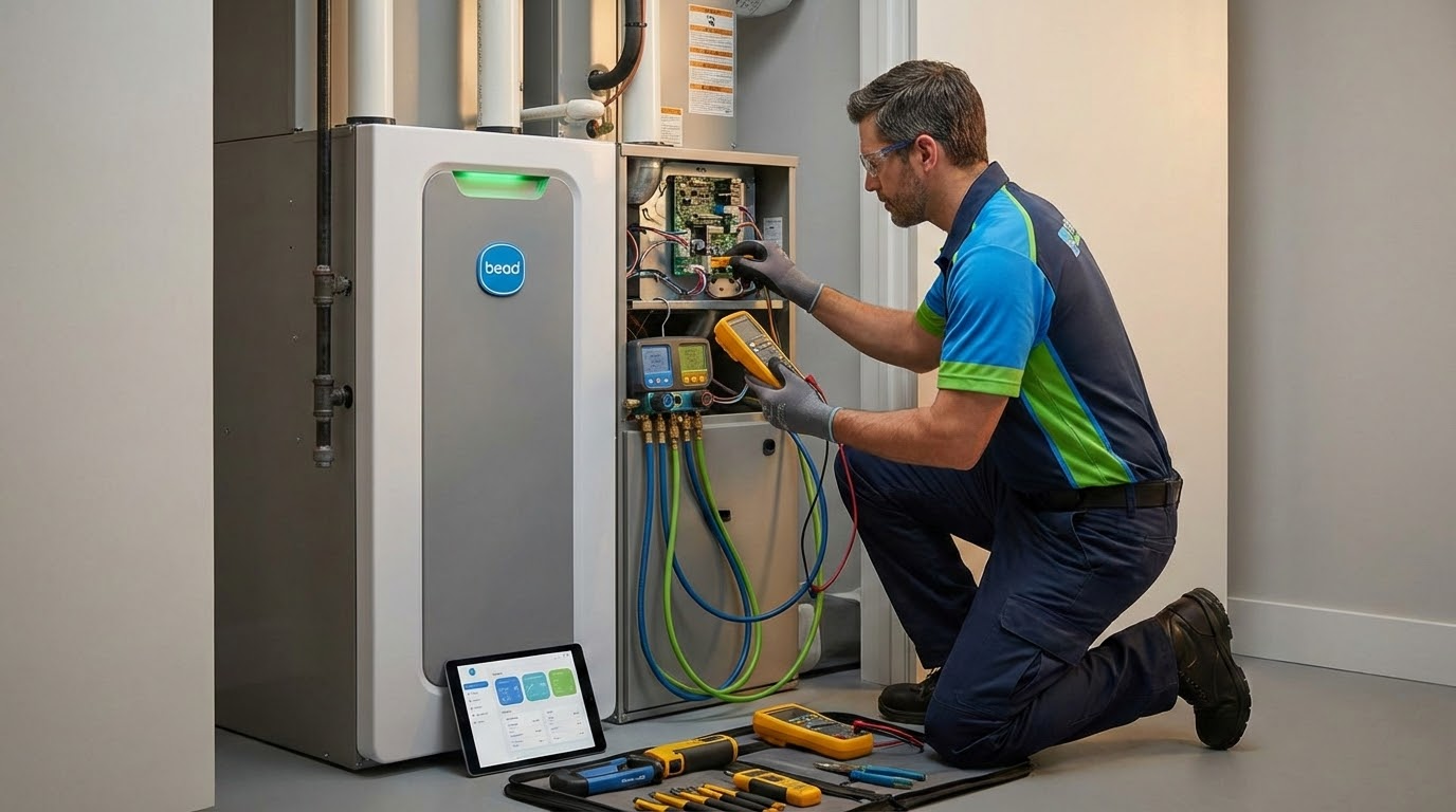 Professional HVAC technician performing seasonal tune-up on Houston home air conditioning system