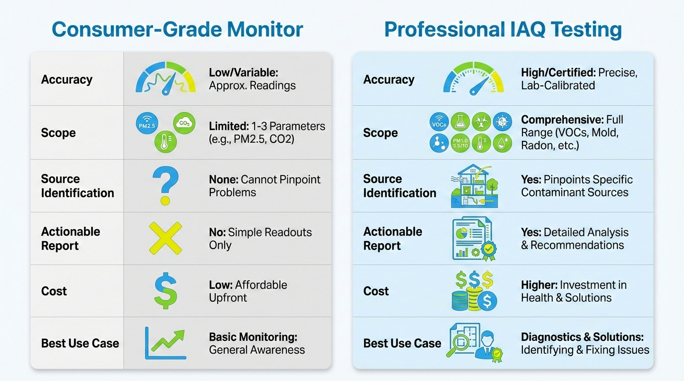 Side-by-side comparison of a consumer-grade air quality monitor and professional calibrated testing equipment used for Houston indoor air assessments