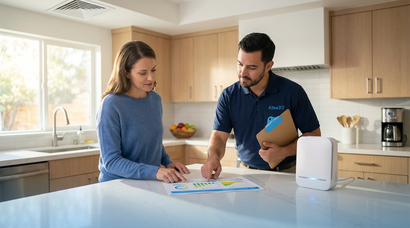 Houston homeowner reviewing air quality test results with a Clean Air Houston Pro technician