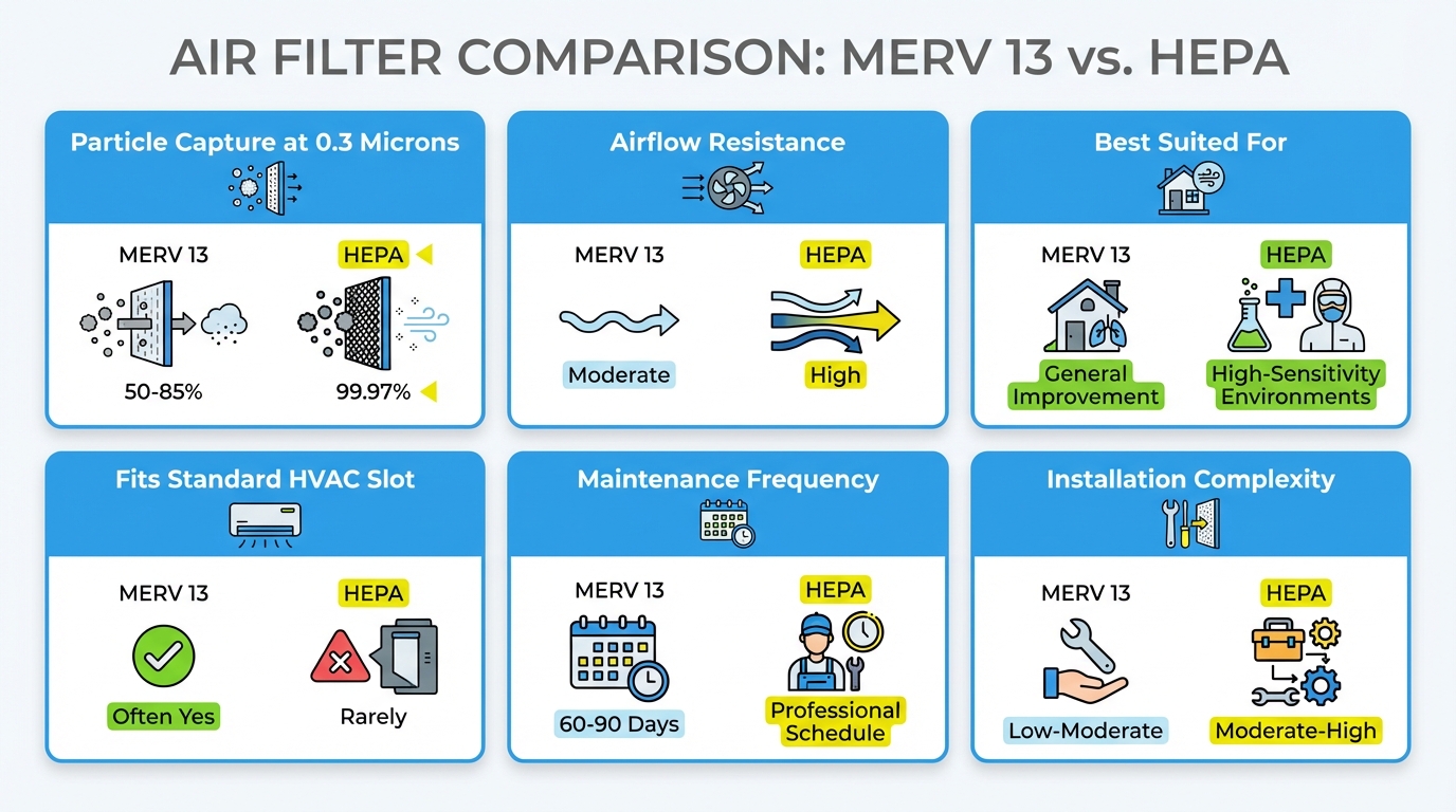 Comparison chart showing HEPA filter versus MERV 13 filter performance for Houston homes