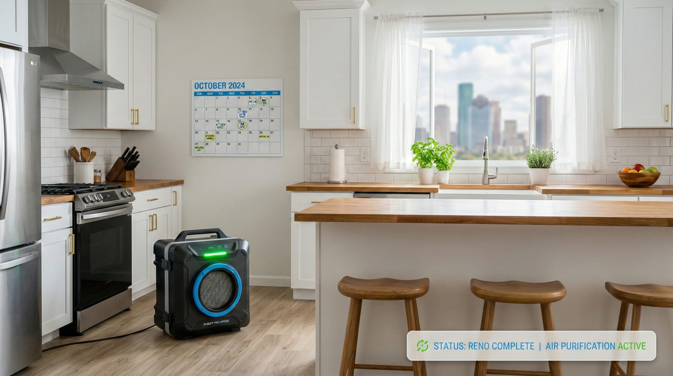 Recently renovated Houston kitchen with new cabinets and flooring representing common VOC off-gassing sources