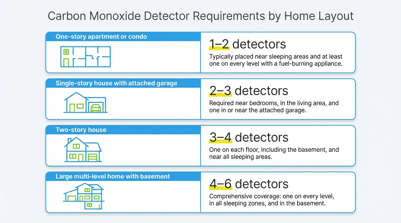 Diagram showing recommended carbon monoxide detector placement locations in a typical Houston home