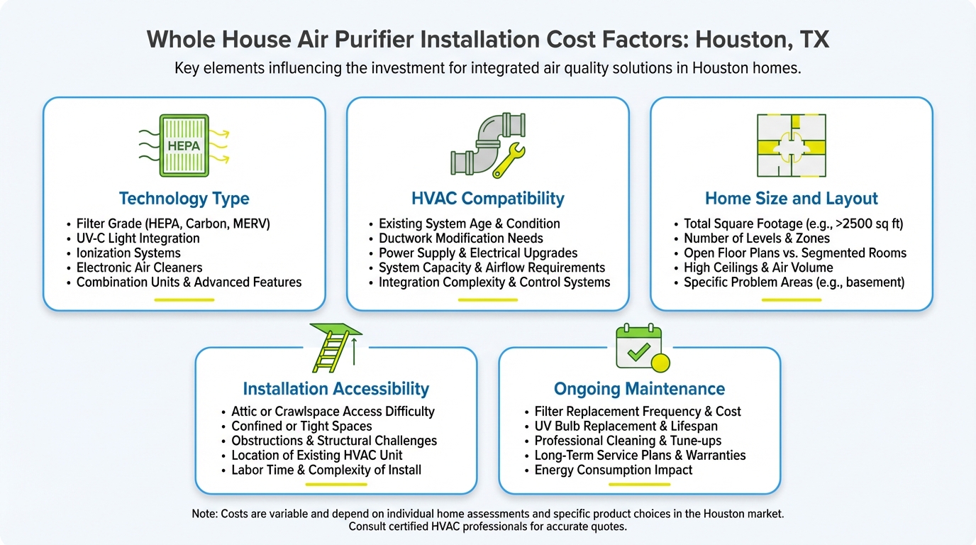 Technician explaining whole house air purifier cost factors to a Houston homeowner