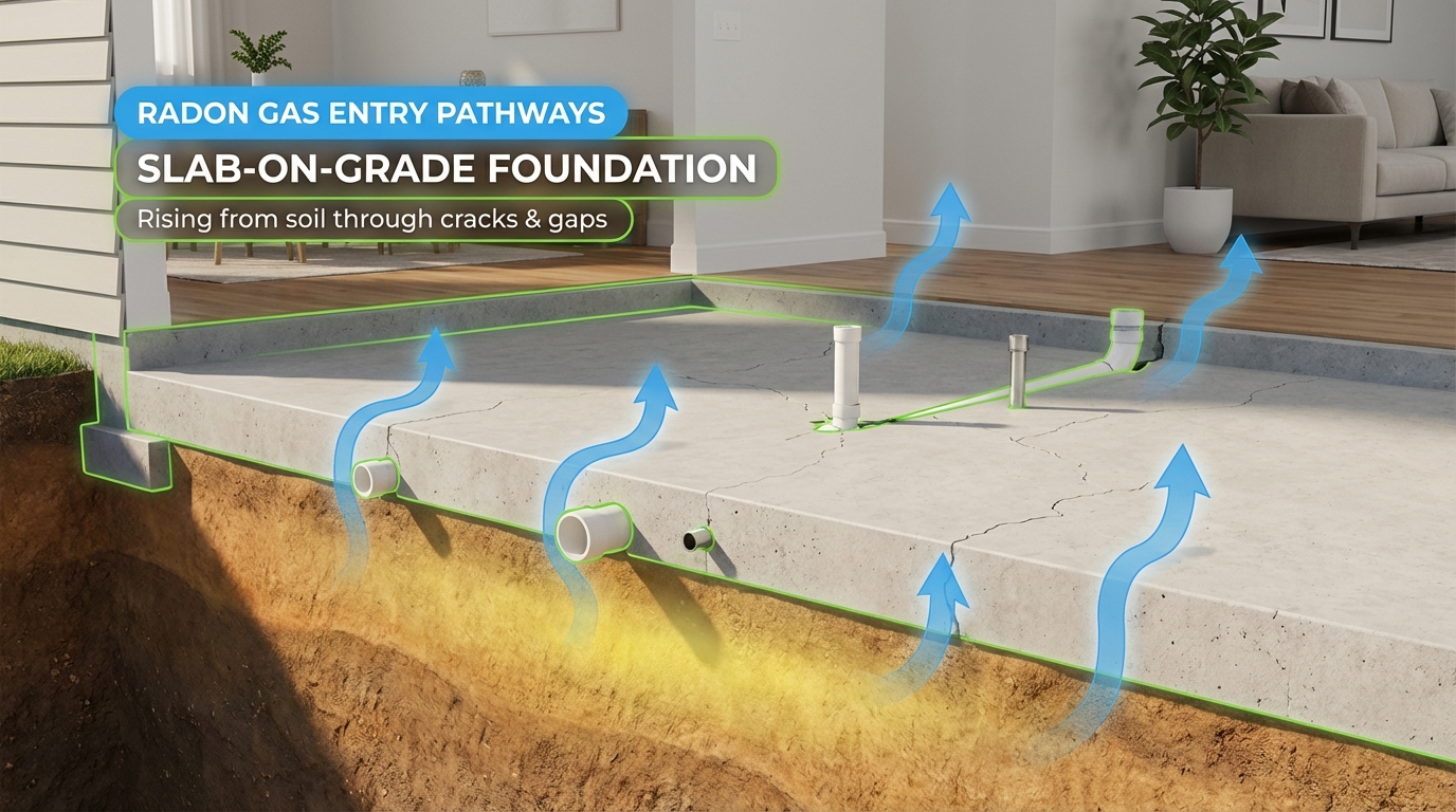 Diagram showing how radon gas enters Houston homes through soil and foundation cracks in slab-on-grade construction