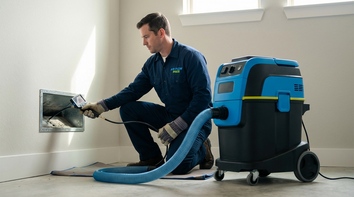 Clean Air Houston Pro technician inspecting ductwork before air purifier installation