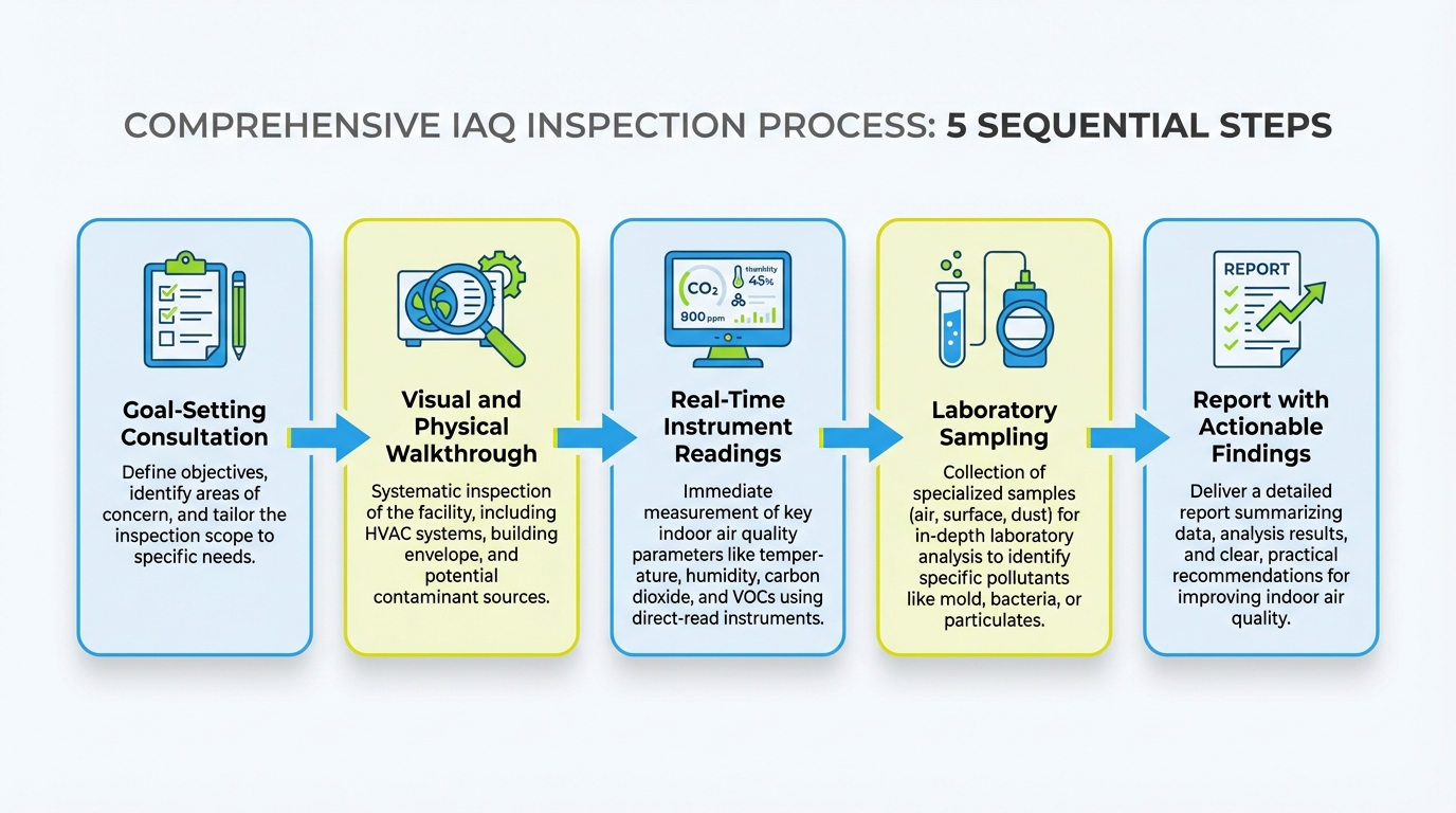 Professional IAQ inspection technician conducting comprehensive air quality testing inside a Houston property