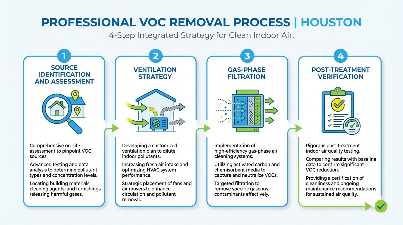 Professional VOC removal process in a Houston home showing air quality assessment equipment and technician inspection