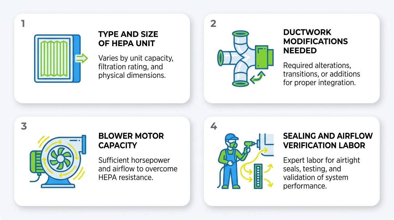 Houston homeowner reviewing HEPA filter installation costs and options with Clean Air Houston Pro technician
