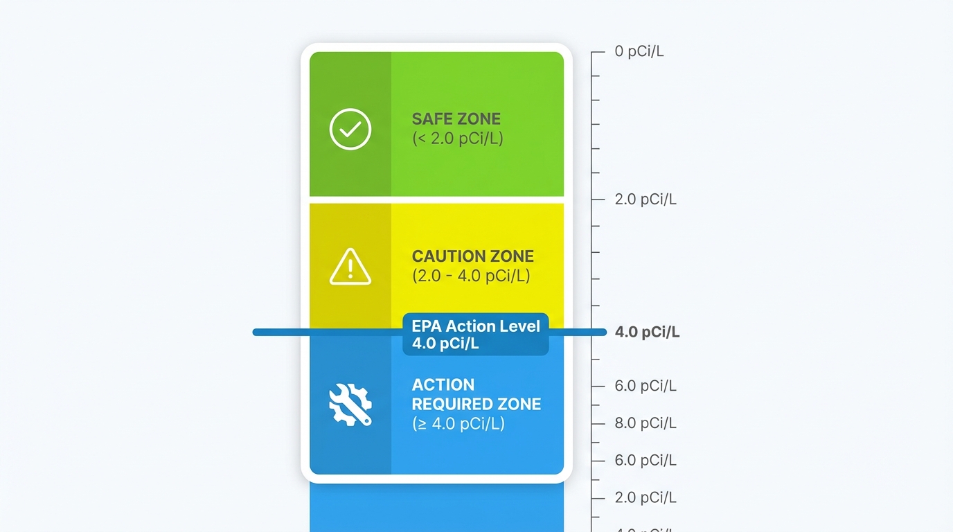 Chart showing EPA radon action levels and risk thresholds for Houston homeowners
