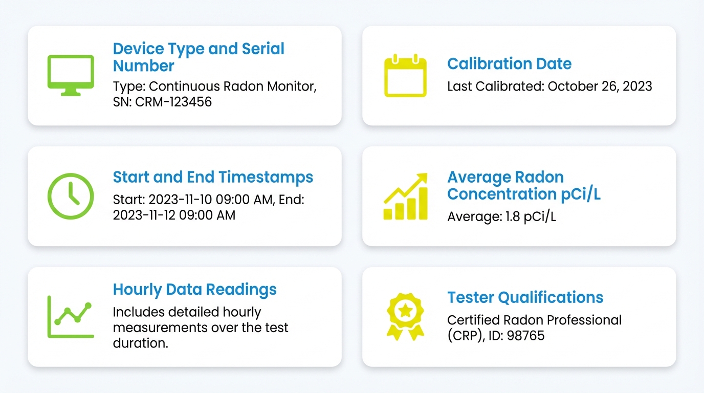 Example of a professional radon test report showing detailed hourly data and documentation for Houston property